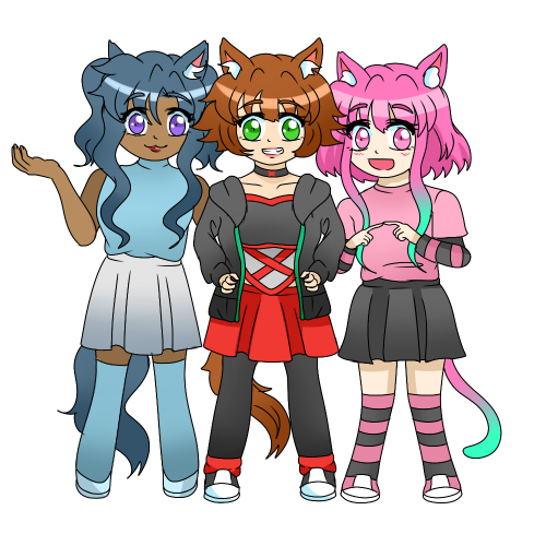 Perilla, Midnight, and Momo, all standing together.