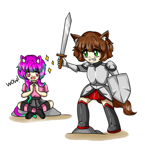 Midnight dressed as a knight and holding a sword. Momo applauding in background.