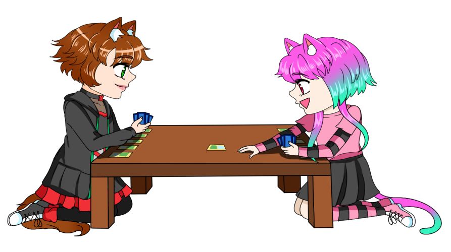 Midnight and Momo playing a card game while sitting at a low table.