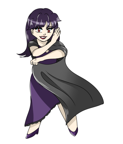 A chibi of a villainess woman with purple hair, and a violet dress, wrapping a dark cloak around herself.