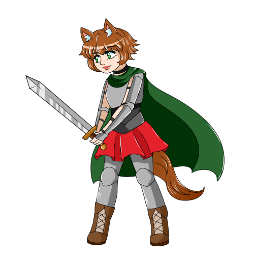 Midnight holding a sword, dressed in medieval style armour and a green cloak.