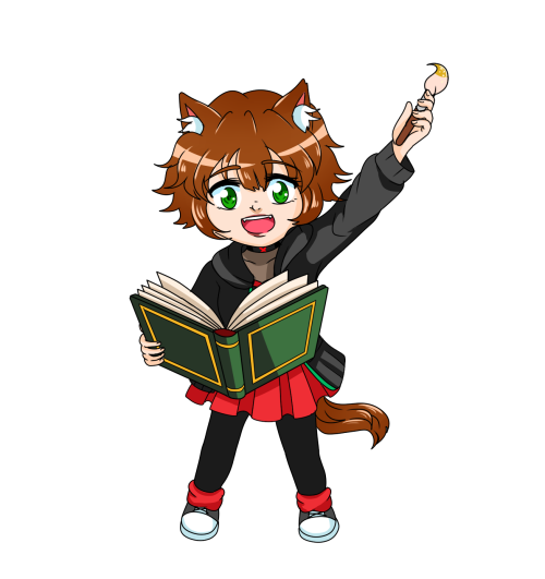 Midnight holding a book while brandishing a paintbrush